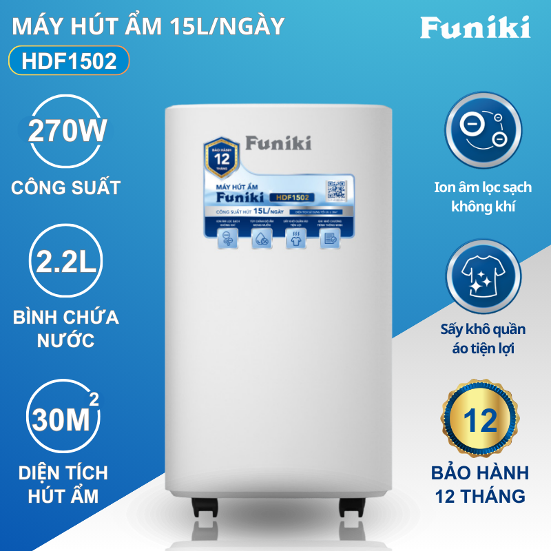 Máy hút ẩm Funiki HDF1502, 15 lít, lọc không khí sấy quần áo