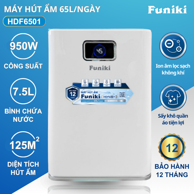 Máy hút ẩm Funiki HDF6501, 65 lít, lọc không khí, sấy quần áo