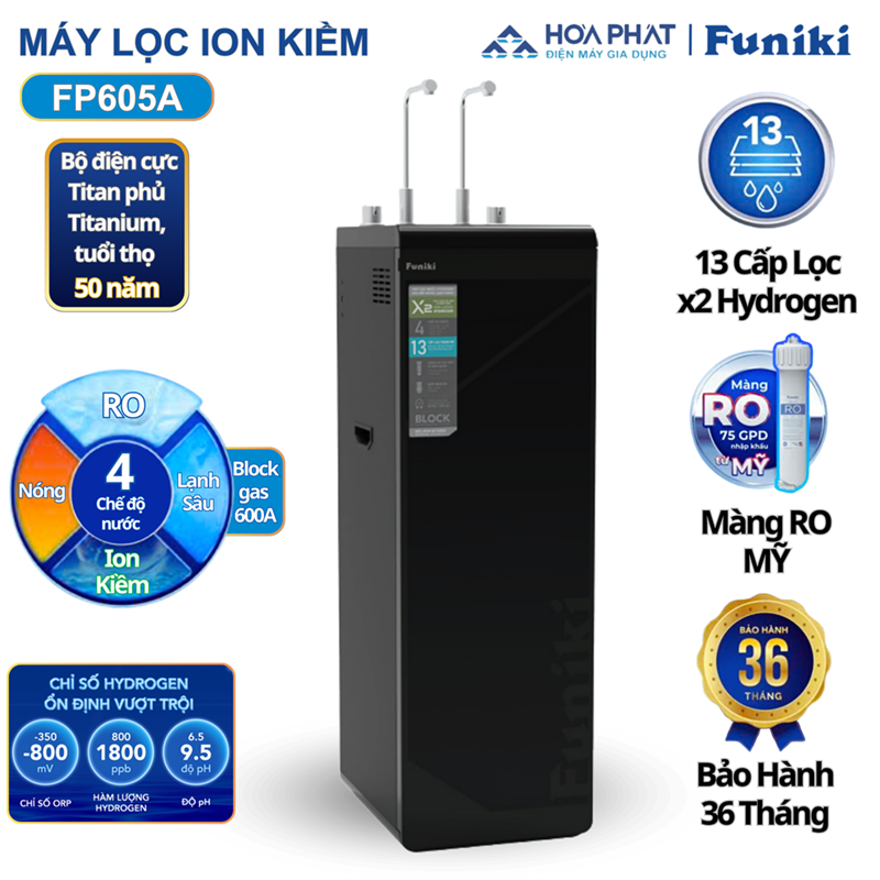 Máy lọc nước Hydrogen Ion Kiềm nóng lạnh Funiki FP605A, 13 lõi